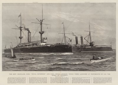 The New Ironclads, HMS Royal Sovereign og HMS Royal Arthur, som blev lanceret i Portsmouth af HM Dronningen torsdag af Joseph Nash
