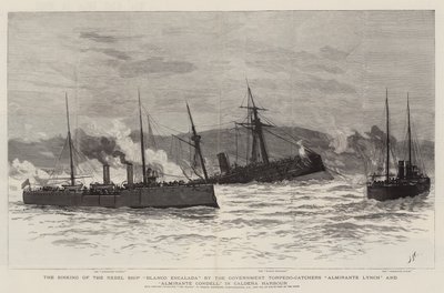 Oprørsskibet Blanco Encaladas forlis af regeringens torpedofangere Almirante Lynch og Almirante Condell i Caldera havn af Joseph Nash