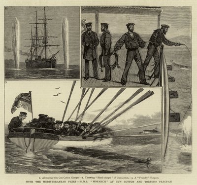 Med Middelhavsflåden, H M S Monarch ved Gun Cotton og Torpedo Practice af Joseph Nash
