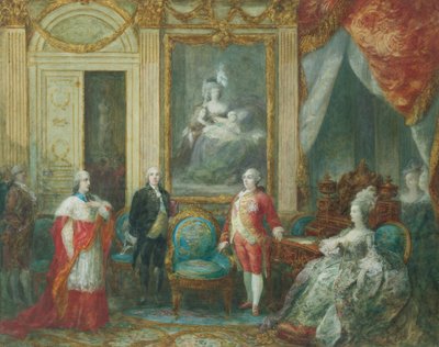 Ludvig XVI og hans kone Marie Antoinette modtager en kardinal af Joseph Navlet