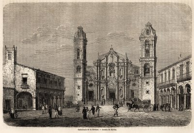 Katedralen i Havana, Cuba, tegning af Navlet for at illustrere rejsen til øen Cuba, i 1859, af Richard Dana (1815-1882). Indgravering i "" Le tour du monde, nouveau journal des voyages"" Paris af Joseph Navlet