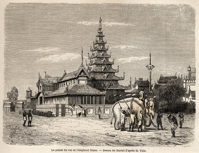 Kongen af Avas palads i Amarapoura (det nuværende Burma), tegning af Navlet for at illustrere rejsen til kongeriget Ava, i 1855, af kaptajn Henri Yule af den bengalske ånds krop. Indgravering i "" Le tour du monde, nouveau journal des voya af Joseph Navlet