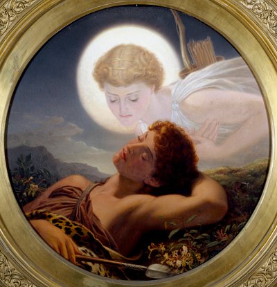 "Drømmen om Latmos" minder om myten om Endymion, en smuk jæger, der sov for evigt, og som Zeus havde lagt i dvale for Selene, der forelskede sig i ham og ønskede at bevare hans ungdom. Maleri af Joseph Noel Paton (1821-1901) (prerafaelit) af Joseph Noel Paton