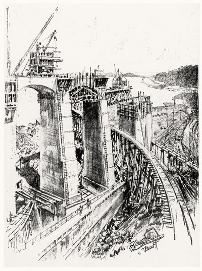 Approaches to the Gatun Lock, plade VI fra Panamakanalen af Joseph Pennell, 1912 (kul på papir) af Joseph Pennell