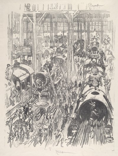 Bygning af motorer til de allierede, 1917. af Joseph Pennell