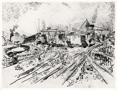 Building Miraflores Lock, plade XXI fra Panamakanalen af Joseph Pennell, 1912 (kul på papir) af Joseph Pennell