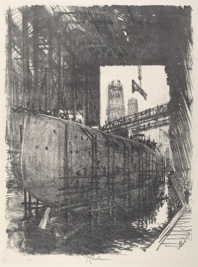 Bygning af slagskibet, 1917. af Joseph Pennell