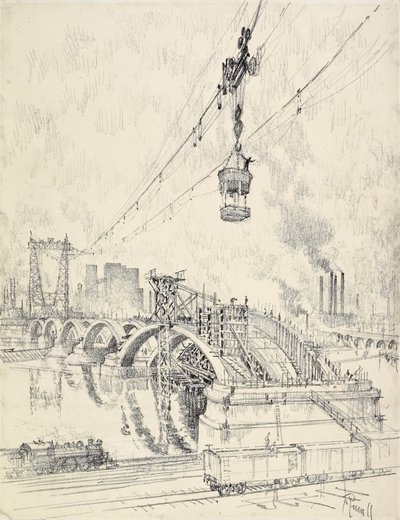 Building the Bridge, Minneapolis, 1915 af Joseph Pennell