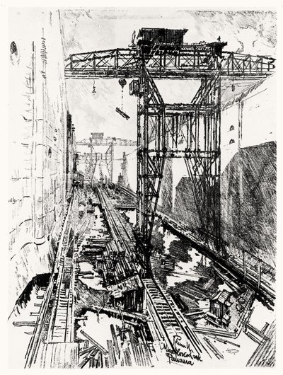 Kraner ved Miraflores-slusen, plade XXII fra Panamakanalen af Joseph Pennell, 1912 (kul på papir) af Joseph Pennell