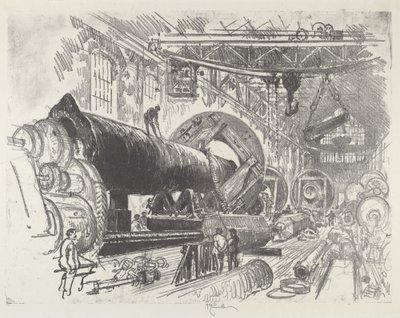 Cutting and Turning a Big Gun, 1916. af Joseph Pennell