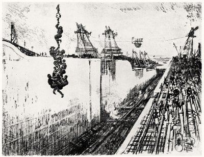 Dinner Time at Gatun, tallerken III fra Panamakanalen af Joseph Pennell, 1912 (kul på papir) af Joseph Pennell