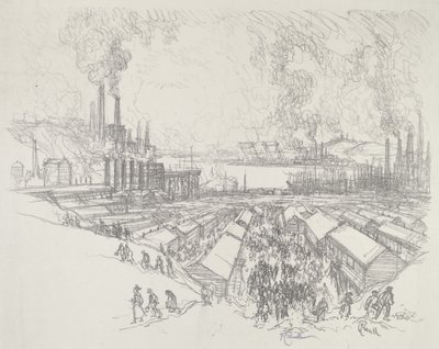 Klokken fem, 1916. af Joseph Pennell