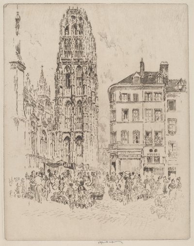 Blomstermarked og smørtårn, Rouen af Joseph Pennell