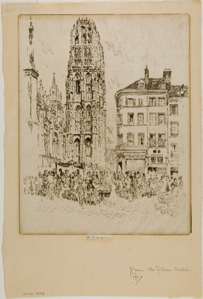 Blomstermarked og smørtårn, Rouen af Joseph Pennell