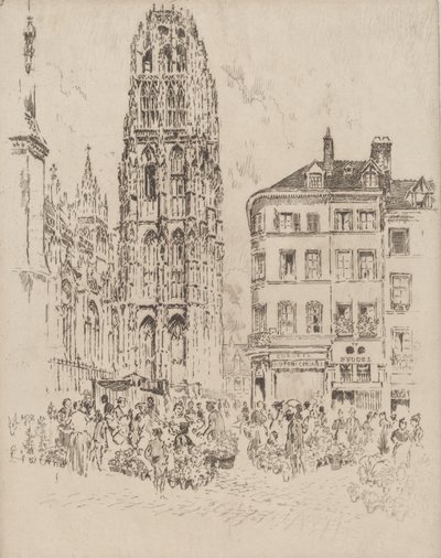 Blomstermarked og smørtårn, Rouen, 1907. af Joseph Pennell