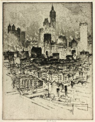 New York, fra Brooklyn Bridge af Joseph Pennell