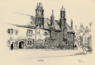 Old Charterhouse: Udvendig facade af Washhouse Court, med den indre port, 1886 af Joseph Pennell