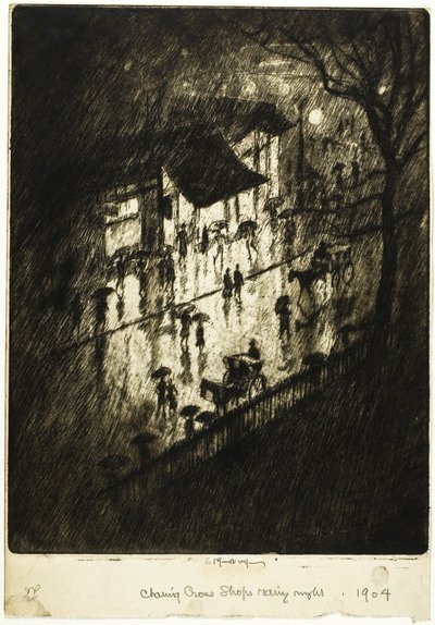 Rainy Night, Charing Cross-butikker af Joseph Pennell