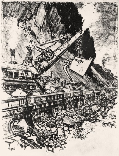 Steam Shovel Work: Culebra Cut, plade XIV fra Panamakanalen af Joseph Pennell, 1912 (kul på papir) af Joseph Pennell