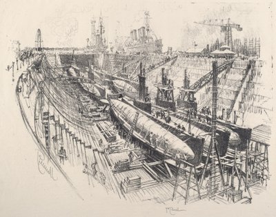 Ubåde i tørdok af Joseph Pennell