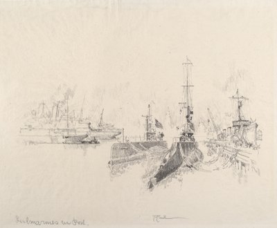 Ubåde i havn af Joseph Pennell