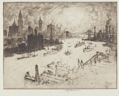 Solnedgang fra Williamsburg Bridge af Joseph Pennell