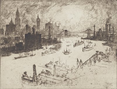 Solnedgang, fra Williamsburg Bridge, 1915. af Joseph Pennell