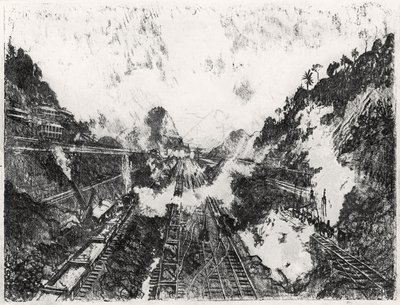 Snittet ser mod Ancon Hill, plade XVII fra Panamakanalen af Joseph Pennell, 1912 (kul på papir) af Joseph Pennell