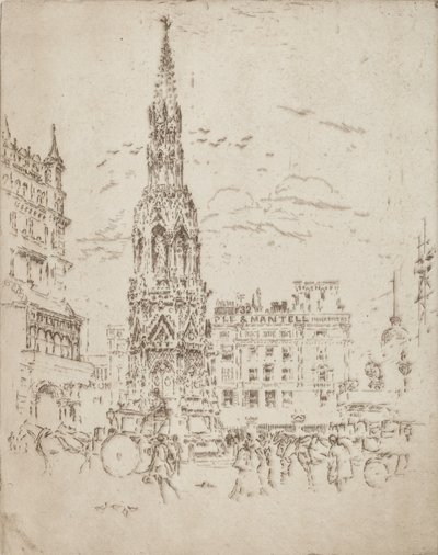 Elinor Cross, foran Charing Cross Railway Station, 1906. af Joseph Pennell