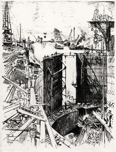 Vagtporten ved Gatun, plade V fra Panamakanalen af Joseph Pennell, 1912 (kul på papir) af Joseph Pennell