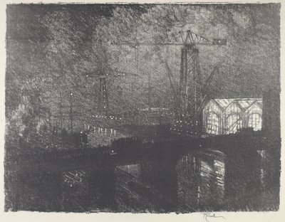 Butikkerne om natten, skiftende skift, 1916. af Joseph Pennell