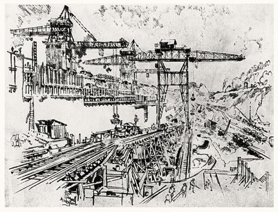 The Walls of Miraflores Lock, plade XXIII fra Panamakanalen af Joseph Pennell, 1912 (kul på papir) af Joseph Pennell