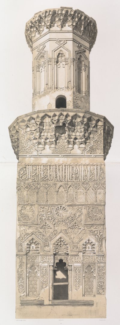 38. Minaret, Mohammed el Naçer-moskeen, Cairo nedre del. og øverste del, 1843. af Joseph Philibert Girault De Prangey