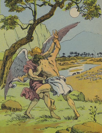 Jakob kæmper med englen (farvelitografi) af Joseph Porphyre Pinchon