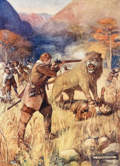 En stor løve sprang på en af mændene (farvelitografi) af Joseph Ratcliffe (after) Skelton