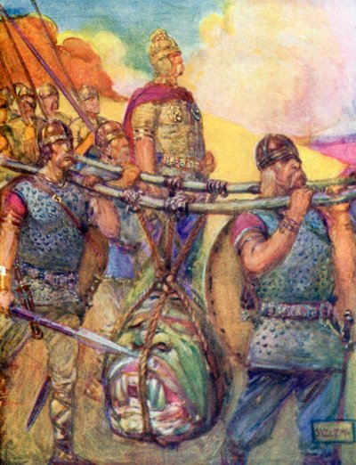 Bærer Grendels hæslige hoved (farvelitografi) af Joseph Ratcliffe (after) Skelton