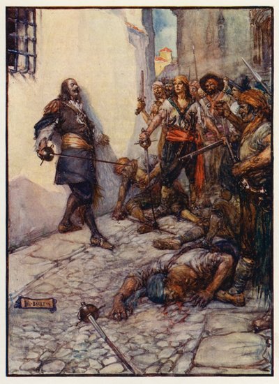 Hårdt og længe kæmpede denne tapre mand (farvelitografi) af Joseph Ratcliffe (after) Skelton