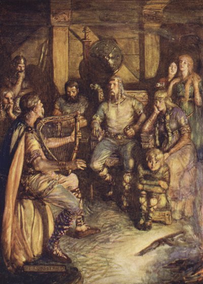 The gleeman synger Beowulfs gerninger (farve litho) af Joseph Ratcliffe (after) Skelton