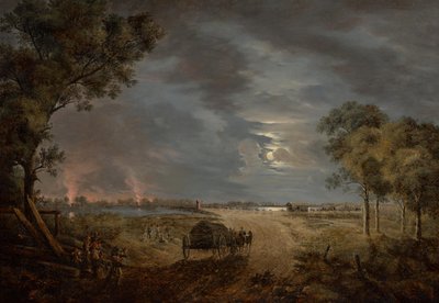 Udsigt over den franske hærs overgangsbro til Lobau (natstykke med måneskin) af Joseph Rebell