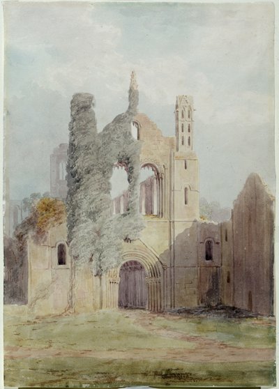 Kirkstall Abbey fra vestfronten (akvarel på papir) af Joseph Rhodes