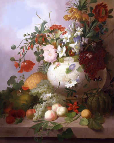Vase med sommerblomster. Maleri af Joseph Rhodes (1782-1854) Privat samling. af Joseph Rhodes