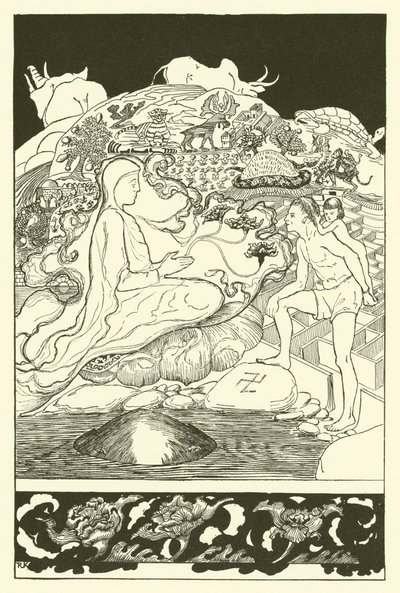 Krabben Pau Amma løb væk, mens den ældste tryllekunstner talte med manden og hans lille pigedatter (gravering) af Joseph Rudyard (after) Kipling