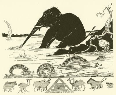 Elefantens barn får sin næse trukket af krokodillen (gravering) af Joseph Rudyard (after) Kipling