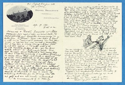 Autografbrev til oberst H. W. Feilden, Hotel Bellvue Cannes, 9. april af Joseph Rudyard Kipling