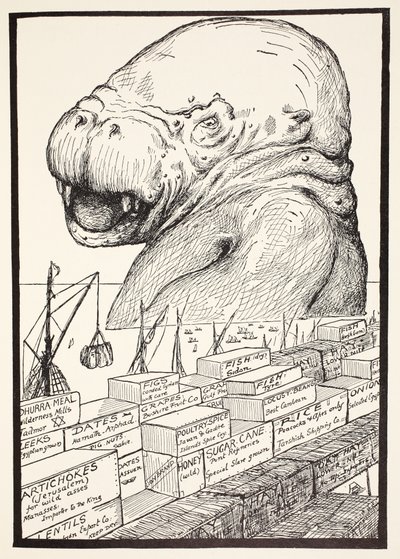 Dyret, der kom op af havet og spiste al den mad, Suleiman-bin-Daoud havde gjort klar til alle dyr i hele verden, illustration fra Just So Stories for Little Children af Rudyar af Joseph Rudyard Kipling