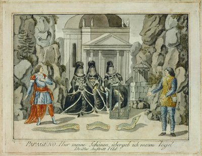 Tamino og Papageno med de tre damer ... (kobberstik) af Joseph Schaffer