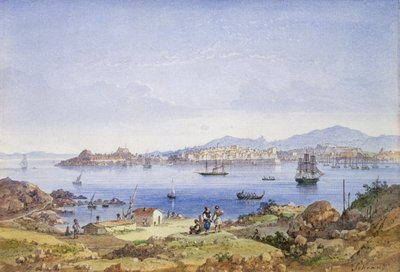 Korfu fra øen Vido, ca. 1845 (wc over blyant på papir) af Joseph Schranz