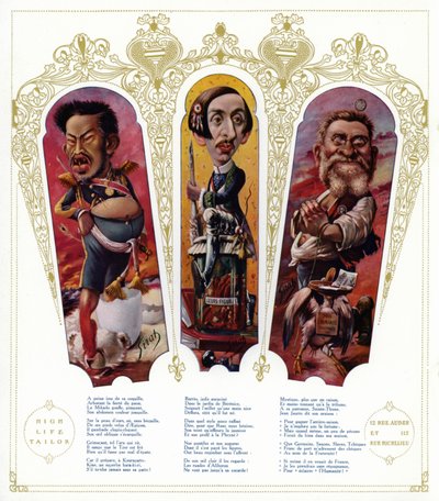 Karikaturer: Meiji-kejser af Japan; Maurice Barres, fransk forfatter og nationalistisk politiker; Jean Jaures, fransk politiker (farve litho) af Joseph Sirat