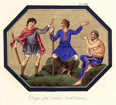 Angelsaksisk herredragt, 9. og 10. århundrede, 1853 (gravering) af Joseph Strutt