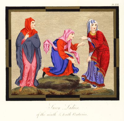 Angelsaksiske damekostumer, 9. og 10. århundrede, 1854 (gravering) af Joseph Strutt